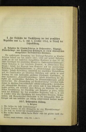 Zur Geschichte der Durchführung der drei preußischen Regulative vom 1., 2. und 3 October 1854, in Betreff der Lehrerbildung