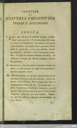 Selectae Ex Universa Philosophia Theses & Antitheses