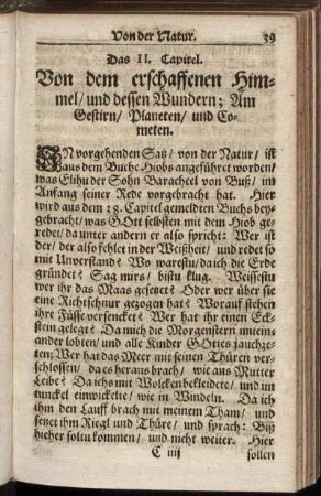 Das II. Capitel. Von dem erschaffenen Himmel, und dessen Wundern; Am Gestirn, Planeten, und Cometen.