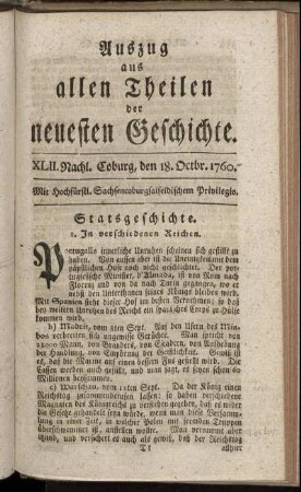 XLII. Nachl. Coburg, den 18. Octbr. 1760.