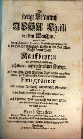 Die seelige Bekanntniß Jesu Christi : eine Predigt