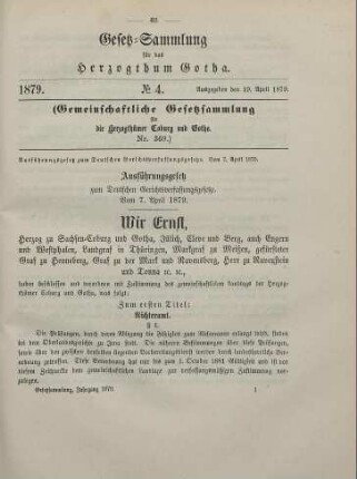 4. Ausführungsgesetz zum Deutschen Gerichtsverfassungsgesetze. Vom 7. April 1879