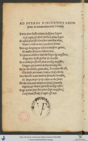 Ad Pueros Vincentius Obsopœus in commendationem Terentij