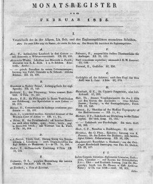 Monatsregister vom Februar 1835