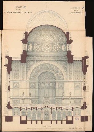 Zentralfriedhof für Berlin, Berlin-Charlottenburg Schinkelwettbewerb 1876: Hauptkapelle: Querschnitt 1:75; Maßstabsleiste