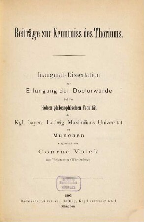 Beiträge zur Kenntniss des Thoriums ...