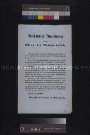 Maueranschlag: Vorläufige Bekanntmachung über den Dienst der Nationalgarde; Wien, 16. März 1848