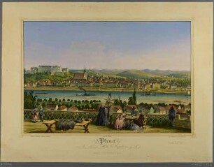 Stadtansicht von Pirna mit dem Sonnenstein und der Marienkirche von der Schönen Höhe im Norden bei Copitz über die Elbe