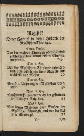 Register Derer Capitel in dieser Historie der Mystischen Theologie.