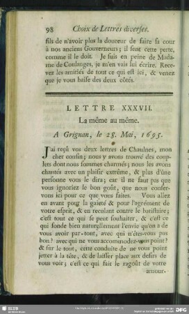 Lettre XXXVII. La même au même. A Grignan, le 28. Mai, 1695