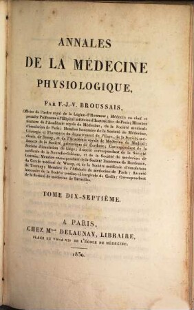 Annales de la médecine physiologique. 17, 17. 1830