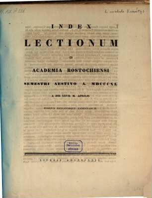 Index lectionum in Academia Rostochiensi ... publice privatimque habendarum. SS 1840