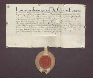 Lehenbrief des Bischofs Lothar Friedrich zu Speyer für den Abt des Klosters Schwarzach am Rhein, Placidus, über die von dem Bistum Speyer lehenbaren, dem Kloster angehörigen Gerechtsame