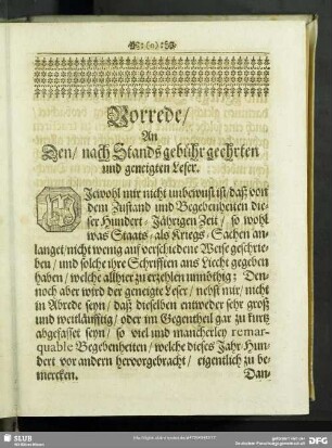 Vorrede, An Den, nach Stands gebühr geehrten und geneigten Leser