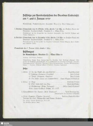 Festfolge zur Hundertjahrfeier der Dresdner Liedertafel am 7. und 8. Januar 1939