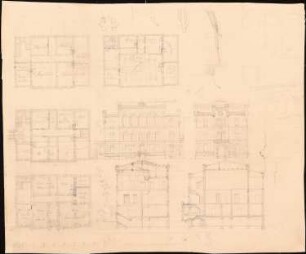 Rathaus, Striegau 1. Projekt: Grundriss Keller, Erdgeschoss, 1. und 2. Obergeschoss; Aufriss Längsansicht, Seitenansicht; Längsschnitt, Querschnitt; Detailskizzen; Maßstabsleiste