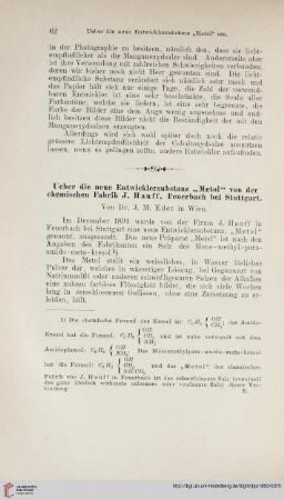 Ueber die neue Entwicklersubstanz "Metol" von der chemischen Fabrik J. Hauff, Feuerbach bei Stuttgart