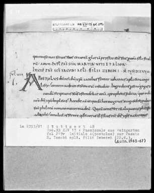 Passionale de Tempore — Initiale A(postolus), Folio 219verso