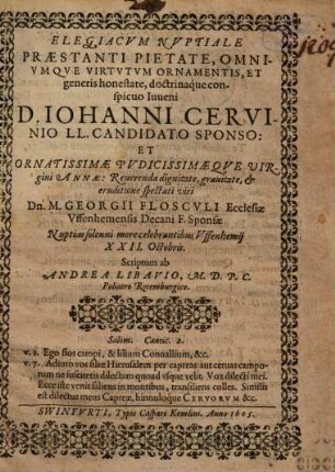 Elegiacum nuptiale ... Joanni Cervinio LL. Candidato ... scriptum
