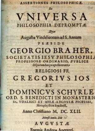 Assertiones philosophicae ex universa philosophia depromptae