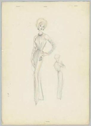 Ein bodenlanges, hochgeschlossenes Kleid mit langen Ärmeln, dazu Detailzeichnung mit Rückenansicht in Miniatur (Archivtitel)