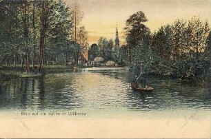 Ansichtskarte aus dem Spreewald : Landschaft - Spreewald. Ort: Lubnjow / Lübbenau. Kirche. Colorierte Postkarte