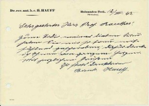 Schreiben Bernhard Hauff senior an Dr. Rauther, handschriftlich