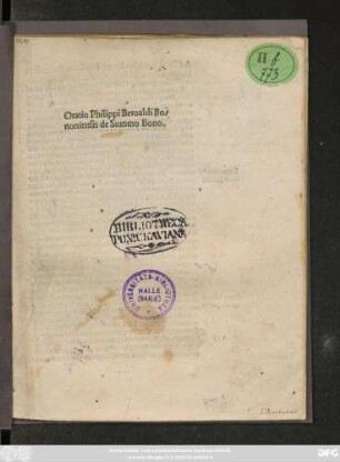 Oratio Philippi Beroaldi Bo-||noniensis de Summo Bono.||