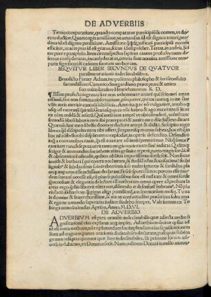 Sequitur Liber Secundus De Quatuor partibus orationis indeclinabilibus.