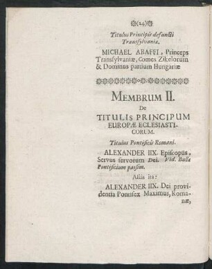 Membrum II. De Titulis Principum Europae Eclesiasticorum.