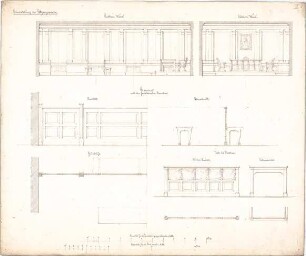Voit, August von; Landgerichtsgebäude - Einrichtung des Sitzungssaales - Entwurf (Wandabwicklungen); Barrieren (Grundriss, Ansicht); Bänke (Querschnitte); Tisch (Grundrisse, Ansichten)