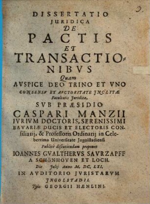 Dissertatio Iuridica De Pactis Et Transactionibus