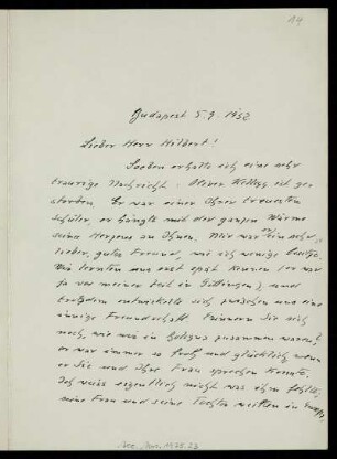 Nr. 14: Brief von Alfred Haar an David Hilbert, Budapest, 5.9.1932