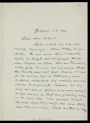 Nr. 14: Brief von Alfred Haar an David Hilbert, Budapest, 5.9.1932