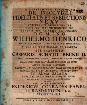 Diss. acad. de insolubili fidelitatis et subiectionis nexu