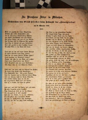 An Preußens Adler in München : Gesprochen von Ernst Förster beim Festmahl der "Zwanglosen" am 22. Oktober 1842