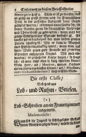 Die erste Classe, Bestehend aus Lob- und Ruhm-Briefen.