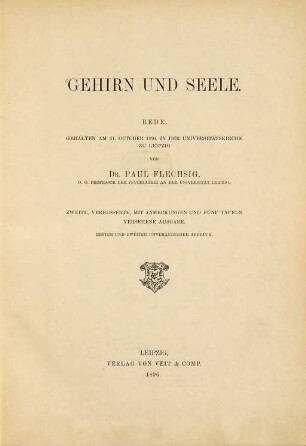 Gehirn und Seele : Rede, gehalten am 31. October 1894 in der Universitätskirche zu Leipzig