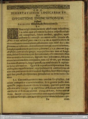 Dissertationum Logicarum XV. De Oppositione Enunciationum