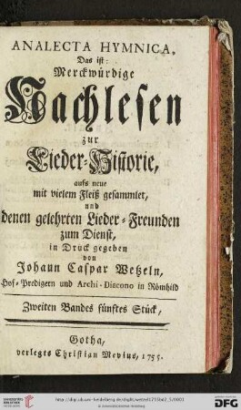 Band 2,5: Analecta Hymnica: Das ist: Merckwürdige Nachlesen zur Lieder-Historie
