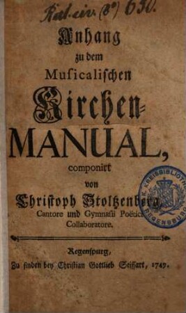 Anhang zu dem Musicalischen Kirchen-Manual
