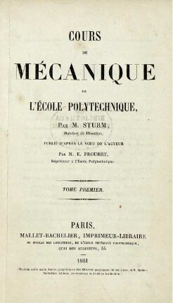 Tome 1: Cours de mécanique de l'école polytechnique. Tome 1