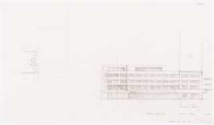Geschäftshaus Martin-Luther-Straße/Kleiststraße (Philips/Berlin Center), Berlin-Schöneberg 2.Projektstufe: Ansicht von N (Flachbau) 1:200, Grundriss-Ausschnitt (Skizze)