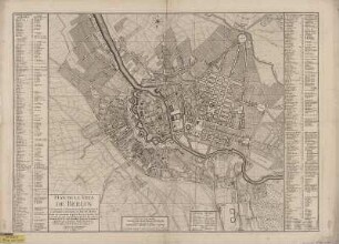 Stadtplan von Berlin, ca.1:8 640, Kupferst., 1757 : Plan de la Ville de Berlin : Capitale de l' Electorat de Brandenbourg et la residence ordinaire du Roi de Prusse / reduit très exactement d'aprés le Plan en 4 Feuilles Levé et Dessiné par ordre et Privilege privatif du Roi sous la direction de M. Le Feld-Marchéchal Comte de Schmettau. Approuvé par l'Academie Royale des Sciences ... reduit a l'Echelle du Plan de Paris Publié en 1753 Par L'Abbé de la Grive. - [Ca. 1:8 640]. - Berlin ; Amsterdam : Neaulm , 1757. - 1 Kt. : Kupferst. ; 55 x 51 cm, Bildgr. 72 x 51 cm. - Mit e. Register auf d. Planrahmen.