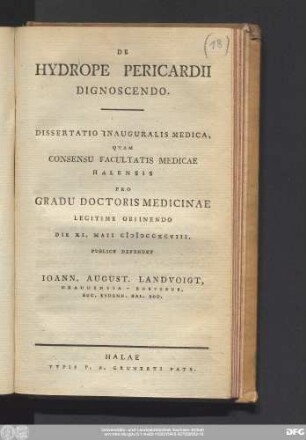 De Hydrope Pericardii Dignoscendo : Dissertatio Inauguralis Medicae