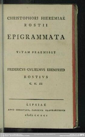 Christophori Hieremiae Rostii Epigrammata