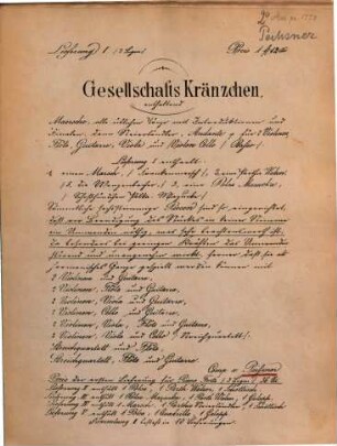 Gesellschafts-Kränzchen : enthaltend Märsche, alle üblichen Tänze mit Introductionen & Finalen, dann Steierländler, Andante ; für 2 Violinen, Flöte, Guitarre, Viola & Vcello (Baßo). 1. Frankenmarsch. Die Wenzenbacher (Walzer) Schoßhündchen-Polka-Mazurka. Ouverture zu Lfg. 1 (besonderes Heft)