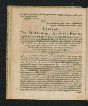 Literae, Dn. Sigismundi Augusti Regis, Quibus se debitum Ius Iurandum praestitisse ...
