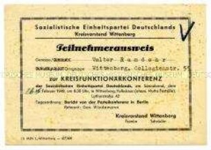 Teilnehmerausweis für eine Kreisfunktionärkonferenz der SED