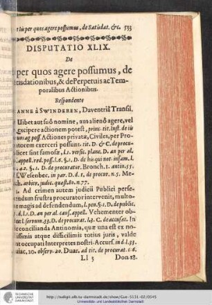 Disputatio XLIX. De Iis per quos agere possumus, de Satisdationibus, & de Perpetuuis ac Temporalibus Actionibus